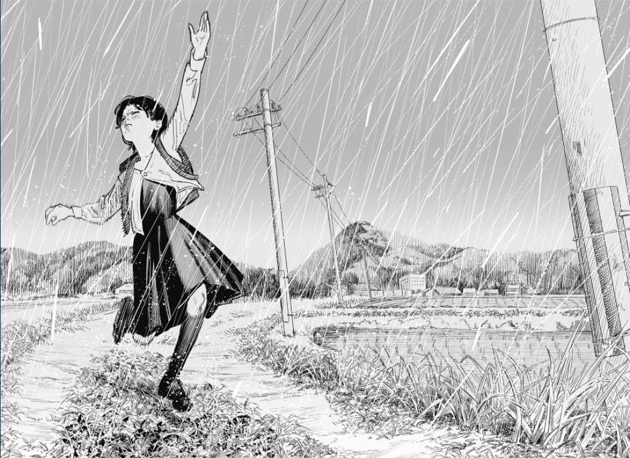 雨の中を嬉しそうに歩く藤野